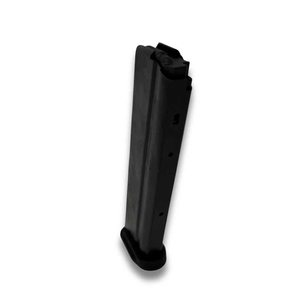 primary-37650 ProMag Ruger-57 black steel handgun magazine, angled side view with extended body and baseplate