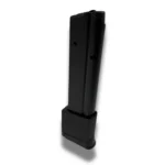 ProMag 1911 black steel handgun magazine, angled front view with extended baseplate