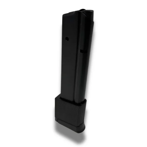 ProMag 1911 black steel handgun magazine, angled front view with extended baseplate