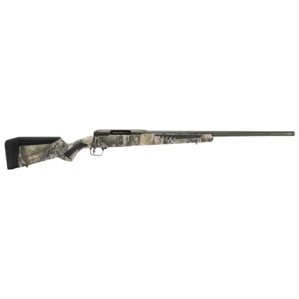 Savage Arms 110 Timberline Rifle, right-side view with camouflage stock, scope rail and black barrel