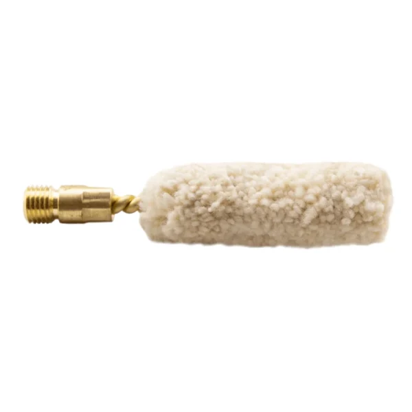 Pro-Shot Wool Bore Mop 20/28 ga, side view of white wool mop with brass threaded fitting
