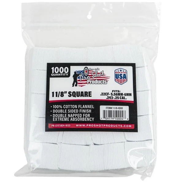 Pro-Shot 1-1/8-inch Square Cotton Patches, white patches in a clear labeled bag