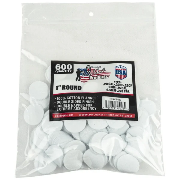 Pro-Shot 1-inch Round Cotton Patches, clear bag filled with white patches and product label