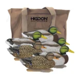 Higdon Legacy Mag Mallard Duck Decoys, six painted duck decoys arranged before a tan carry bag