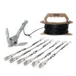 Higdon Battleship Jerk Rig 125ft, black line on tan reel with anchor and multiple rigged lines