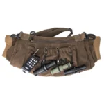 Higdon Stuff Muff Hand Warmer/Call System MUD, brown front view with strap, pockets and calls