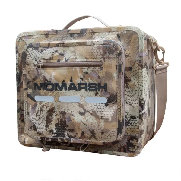 Higdon Outdoors MoMarsh Element Waterbox, marsh camouflage front view with handle and pockets