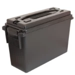 Berry's 40 cal Plastic Ammo Can, black angled view with hinged lid and side latch