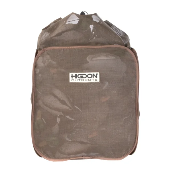 Higdon Stand Alone Mesh Decoy Bag, brown front view with mesh panel, zipper and carry handle