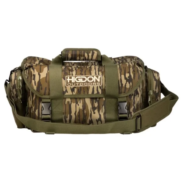 Higdon Outdoors Blind Bag, camouflage bag with olive straps and front logo, front view