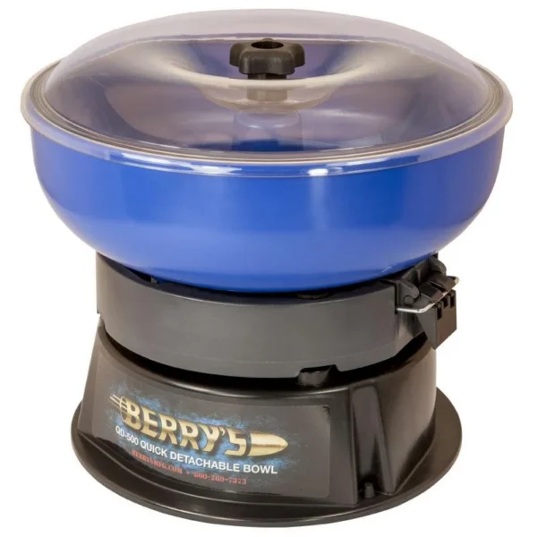 Berry's QD-500 Vibratory Tumbler, front view with blue detachable bowl and clear lid