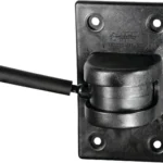 Berry's Gun Swing, black wall-mounted swing bracket with four screw holes, front view