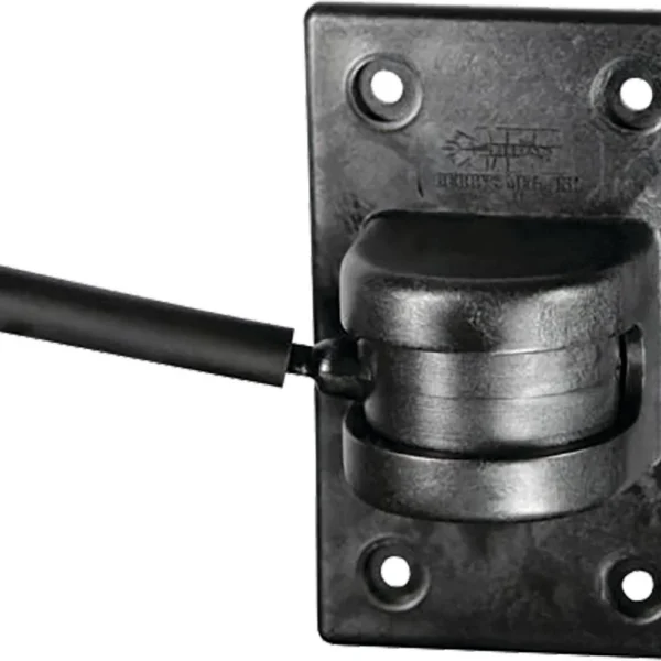 Berry's Gun Swing, black wall-mounted swing bracket with four screw holes, front view