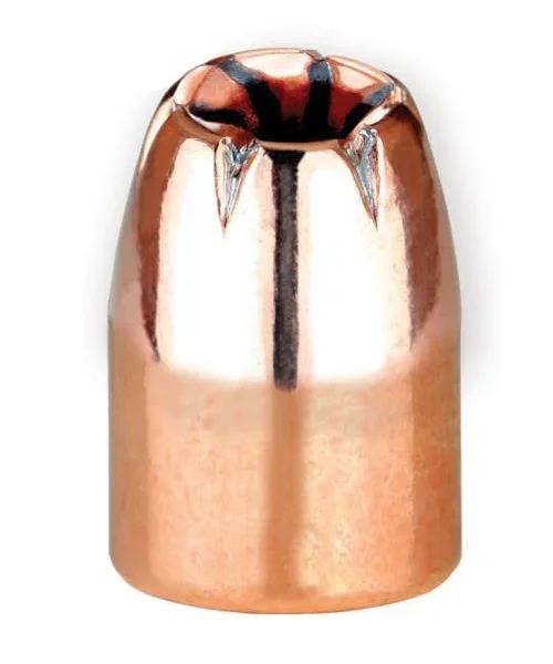 Berry's Hybrid Hollow Point Handgun Bullets, close-up of copper-colored hollow-point bullet