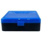 Berry's Ammo Box #007, front view with translucent blue lid, black base and centre latch