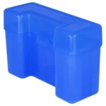 Berry's Ammo Box #112 translucent blue plastic ammunition box, angled view