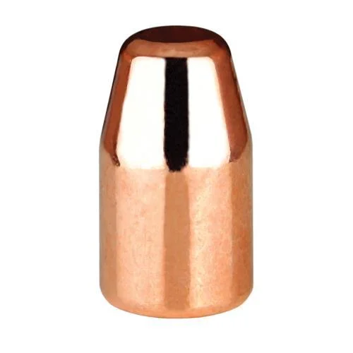Berry's Superior Plated Handgun Bullets, copper-colored flat-point bullet in front view