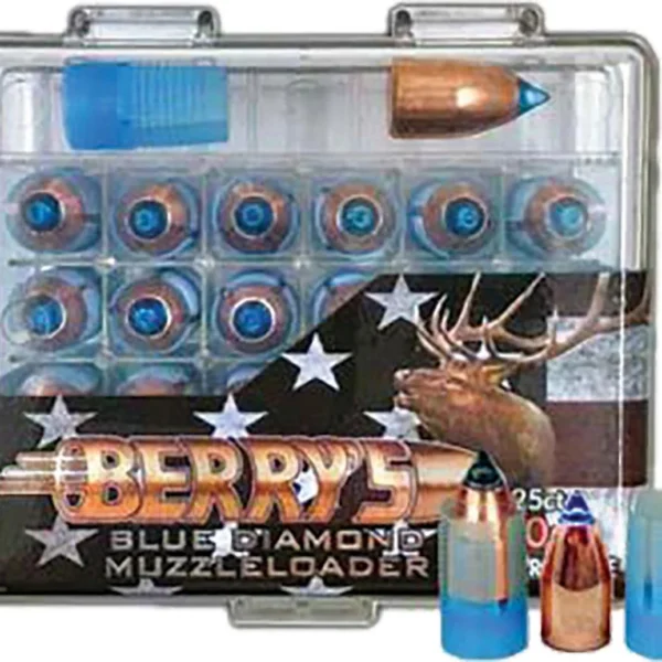 Berry's Blue Diamond muzzleloader bullets with sabots, clear case and loose blue sabots