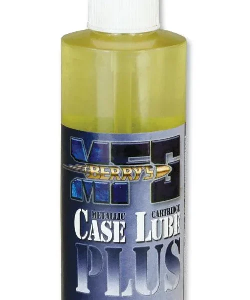 Berry's Superior Case Lube yellow liquid in a clear spray bottle with labeled front