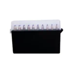 Berrys Mfg 210 Ammunition Box clear lid and black base, front view with cartridges visible