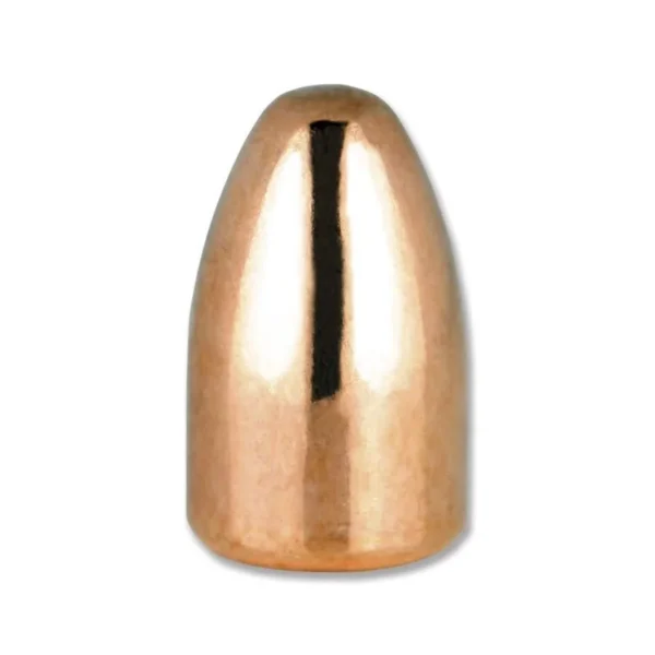 Berry's Superior Plated Handgun Bullets, front view of one copper-colored round-nose bullet