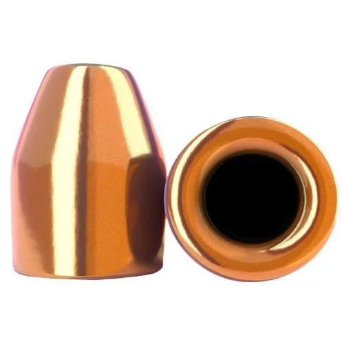 Berry's Superior Plated Handgun Bullets, copper-coloured hollow-point bullet in side and front views