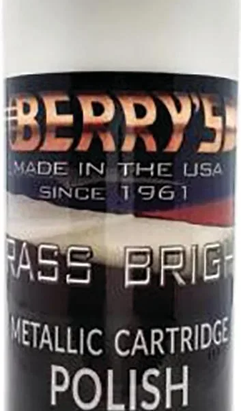 Berry's Mfg Brass Bright Polish translucent bottle with gray cap, front view