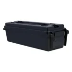 Berry's Plastic Ammo Can, black angled view with hinged lid, handle and front latch