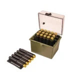 Berry's Mfg Safari Ammo Box, open olive box with clear lid, cartridges and removable tray