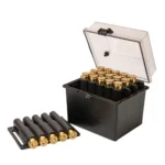 Berry's Mfg Safari Ammo Box, open black box with clear lid, cartridges and tray