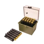 Berry's Mfg Safari Ammo Box, open olive box with clear lid, cartridges and tray