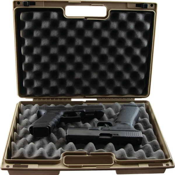Berry's Double Pistol Case, open tan hard case with egg-crate foam and two black pistols