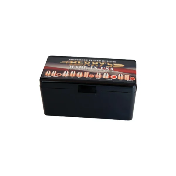 Berry's Superior Plated Pistol Bullets 9mm 147 gr RN in a black plastic box, angled front view