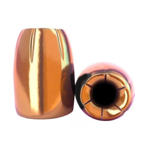 Berry's Superior Plated Pistol Bullets Hybrid Hollow Point, copper finish, side and base views