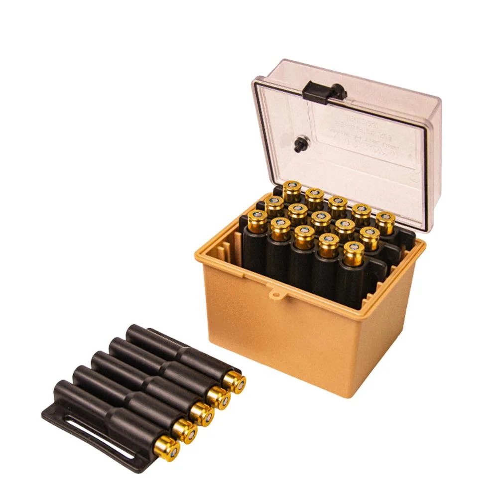 primary-38248 Berry's Mfg Safari Ammo Box, open tan box with clear lid, cartridges and tray