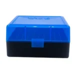 Berry's Ammo Box #005, blue and black front view with closed hinged lid and latch