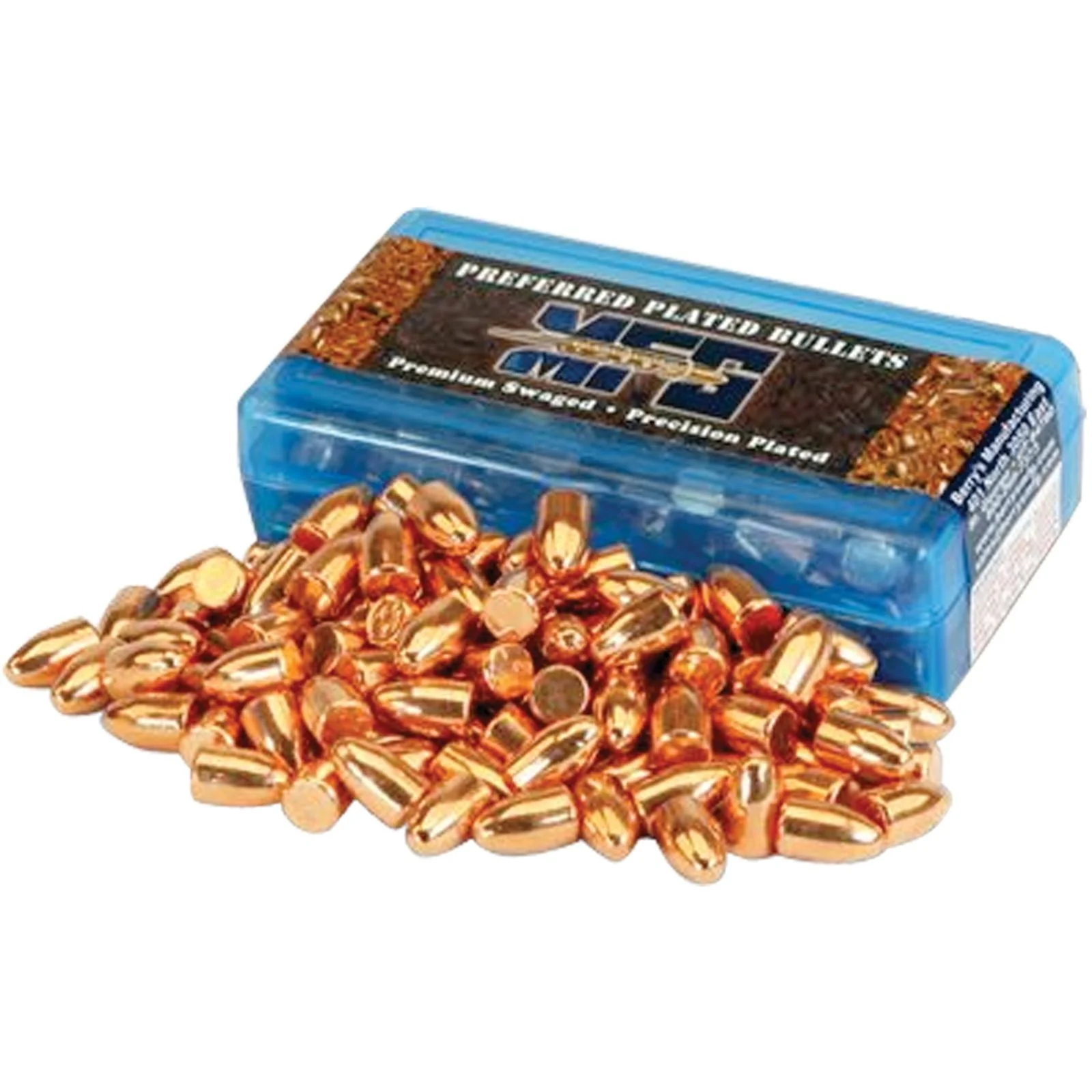primary-38257 Berry's Superior Plated Pistol Bullets, copper-colored hollow points beside a blue box