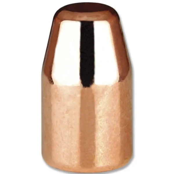 Berry's Superior Plated Pistol Bullets, copper-colored flat-point bullet in close side view