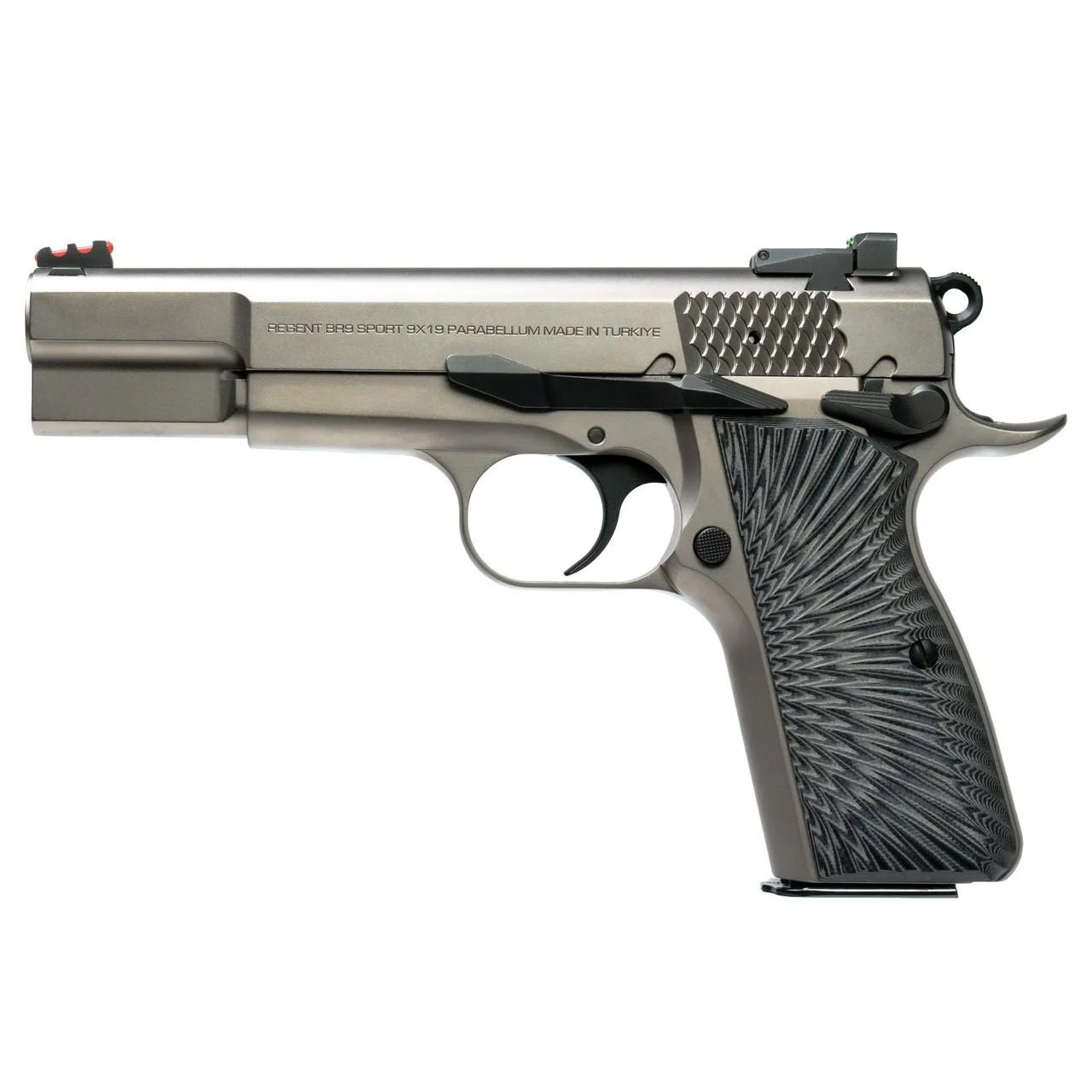 primary-38296 Tisas Regent BR9 Sport nickel handgun, left-side view with black textured grip panels