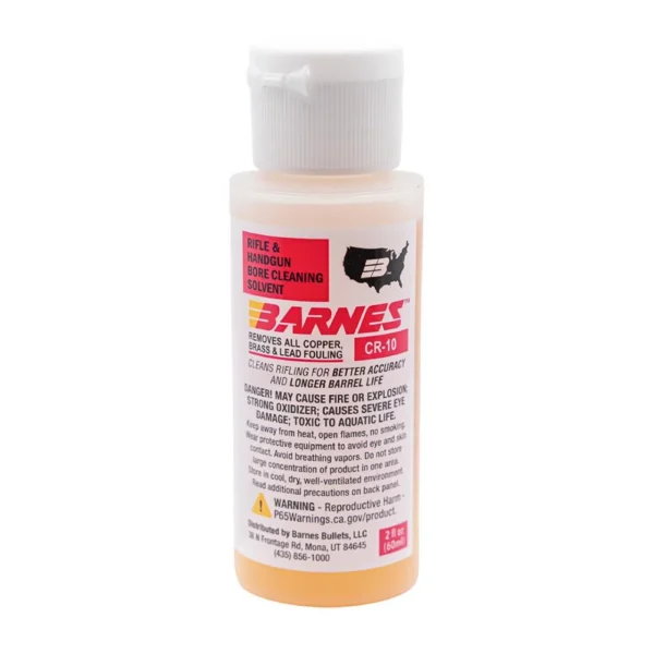 Barnes CR-10 Bore Cleaner, front view of clear bottle with white cap and orange liquid