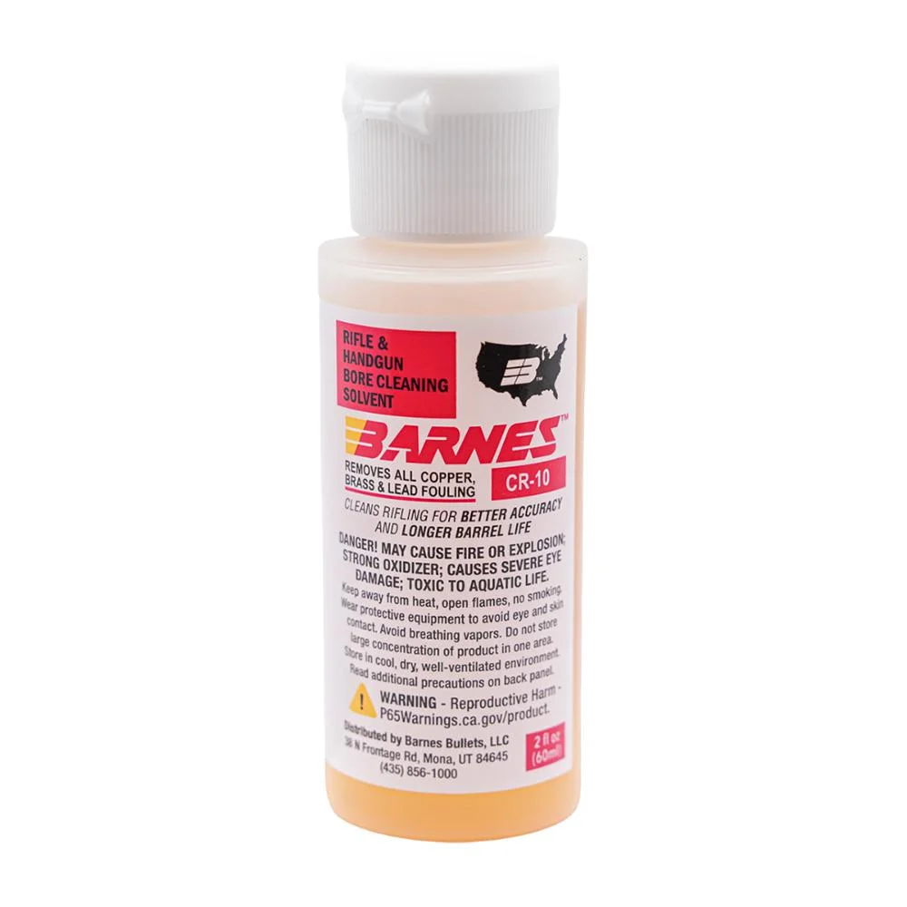 primary-38355 Barnes CR-10 Bore Cleaner, front view of clear bottle with white cap and orange liquid