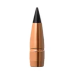 Barnes M/LE TAC-TX copper-coloured pointed bullet with black tip, upright view
