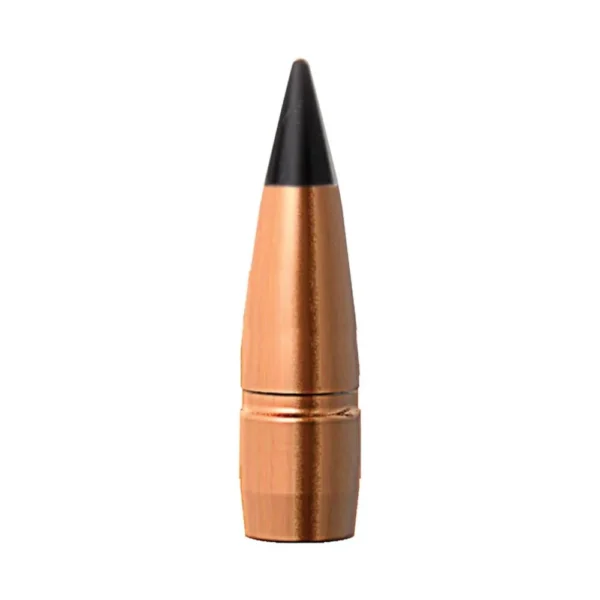 Barnes M/LE TAC-TX copper-coloured pointed bullet with black tip, upright view