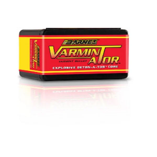Barnes Varminator Bullets, red, yellow and black branded plastic box in front view