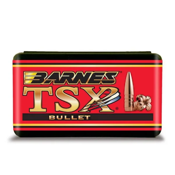 Barnes TSX Hunting Rifle Bullets, front view of red and black metal container