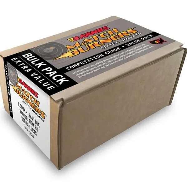 Barnes Match Burners Rifle Bullets, tan bulk-pack box in three-quarter view