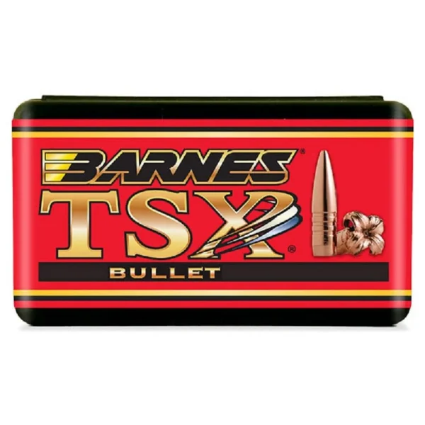 Barnes TSX Bullets, red and black metal box shown from the front