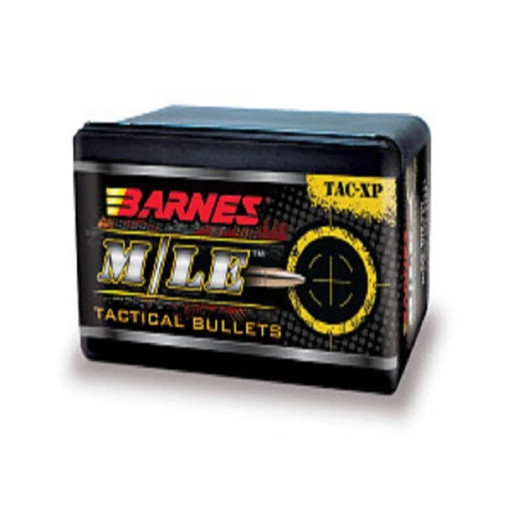 primary-38469 Barnes M/LE TAC-XP Pistol Bullets in a black branded plastic box, front angled view