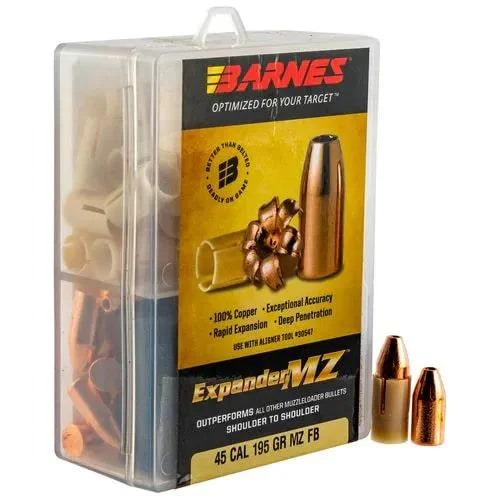 Barnes Expander MZ Muzzleloader Bullets with Sabot, clear case and two loose copper bullets