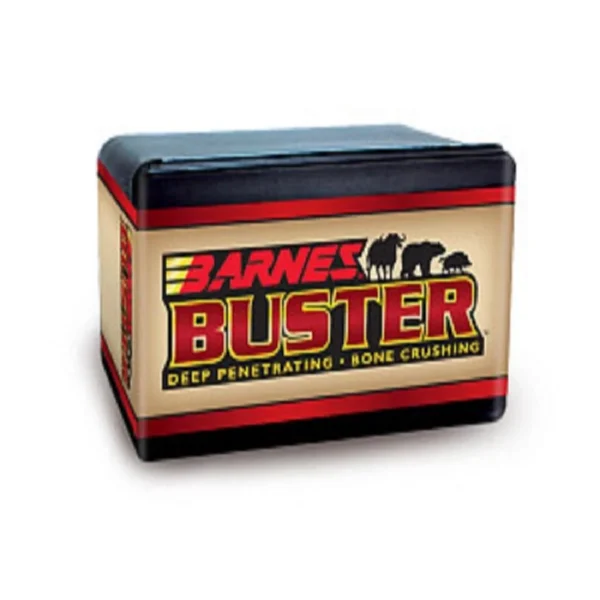 Barnes Buster Hunting Bullets, front angled view of red, black and tan branded box
